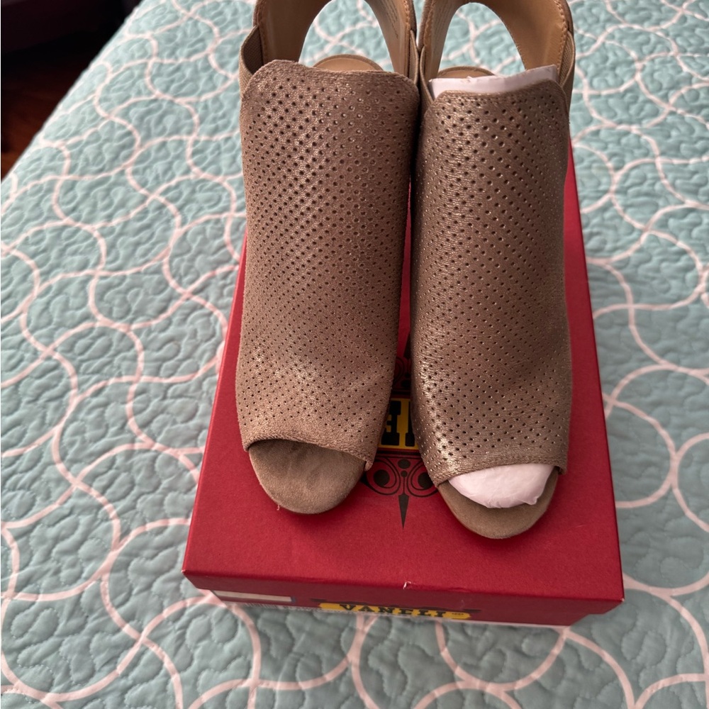 Vaneli Taupe Perforated Peep-Toe Sling Backs